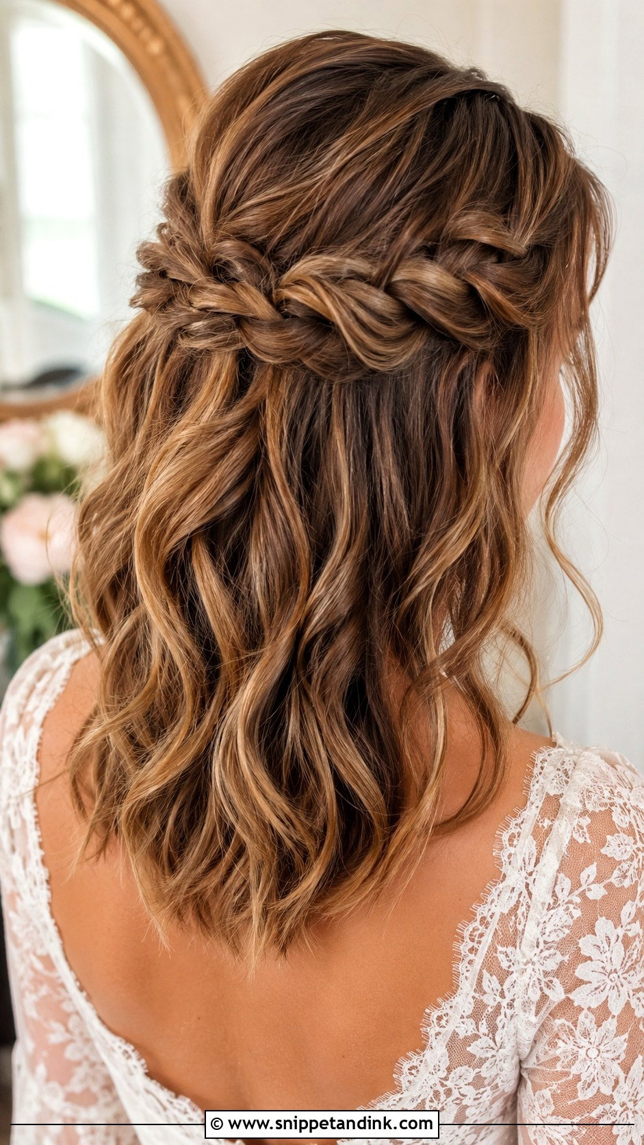 Half Up Half Down Wedding Hair With Crown Braid - Snippet and Ink - 15 Mid Length Half-Up Half-Down Wedding Ideas