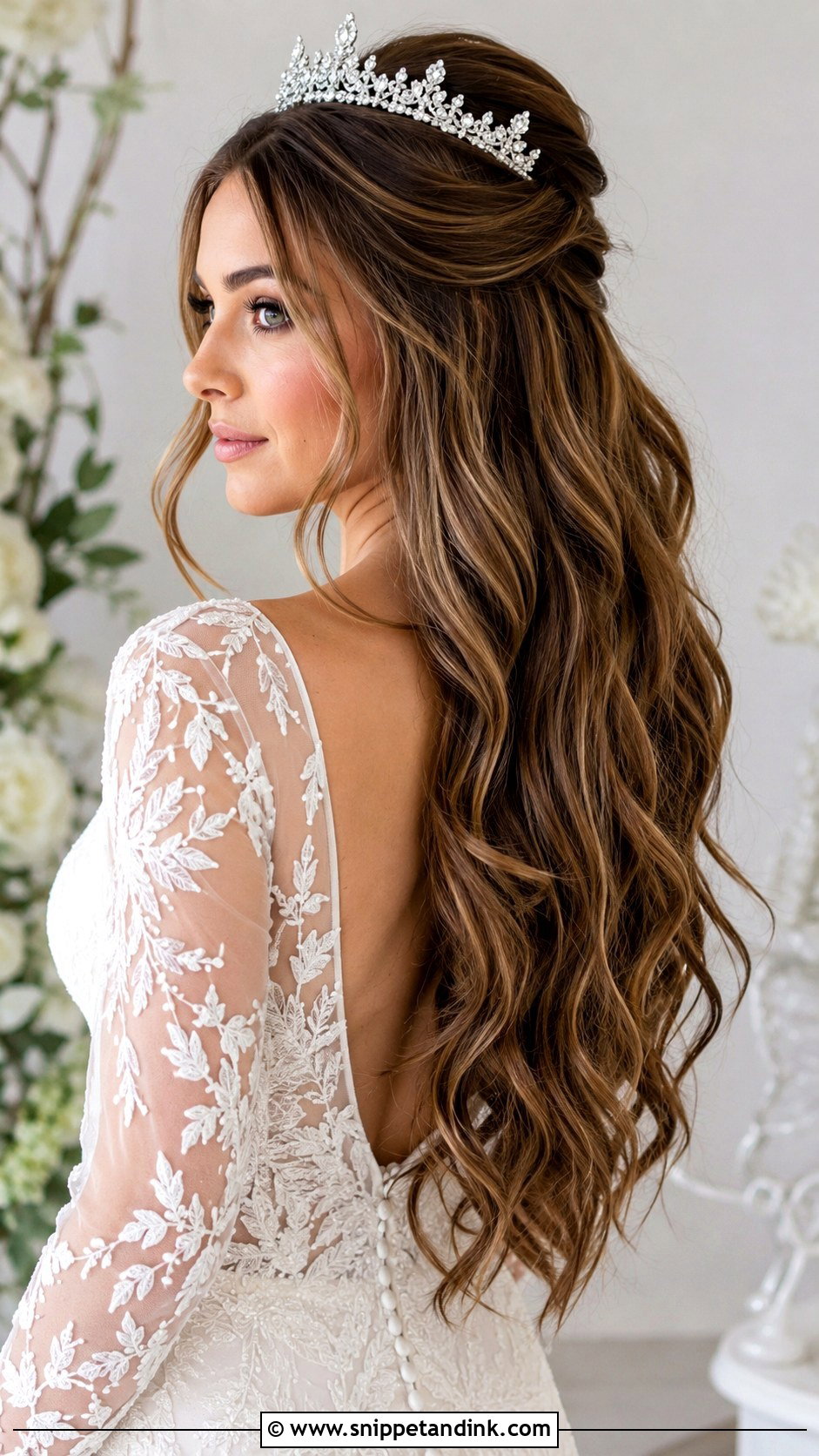 Half Up Half Down Wedding Hair With Crown For Long Hair - Snippet and Ink - 15 Half-Up Half-Down Wedding Hair with Crown Ideas