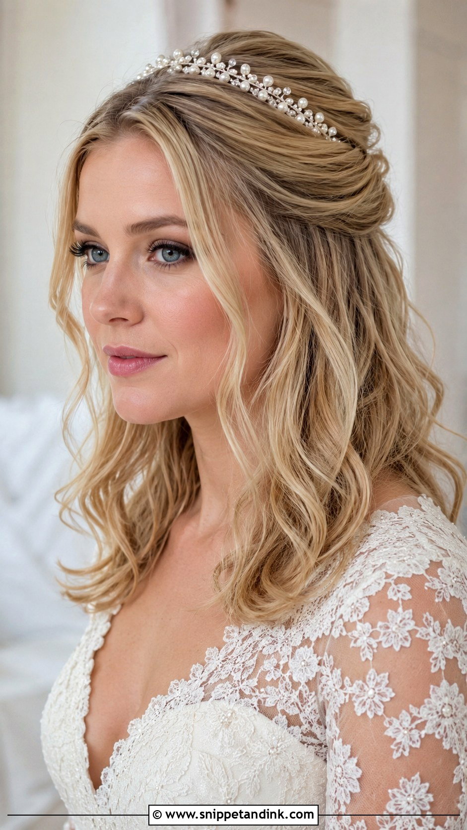 Half Up Half Down Wedding Hair With Crown For Medium Hair - Snippet and Ink - 15 Half-Up Half-Down Wedding Hair with Crown Ideas