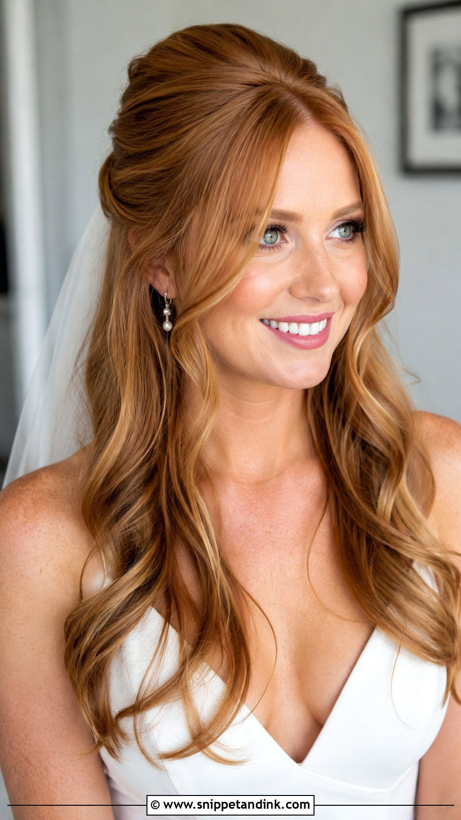 Half Up Half Down Wedding Hair With Curtain Bangs - Snippet and Ink - 20 Half-Up Half-Down Wedding Hair Volume Ideas