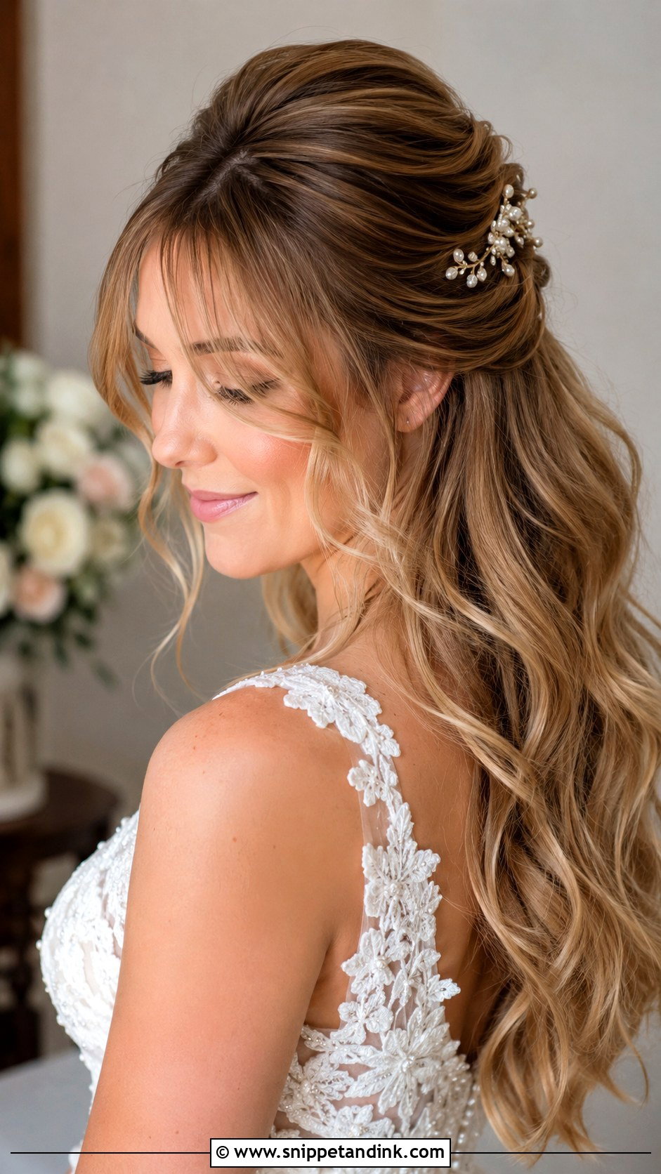 Half Up Half Down Wedding Hair With Curtain Bangs - Snippet and Ink - 15 Half-Up Half-Down Wedding Hairstyles with Bangs