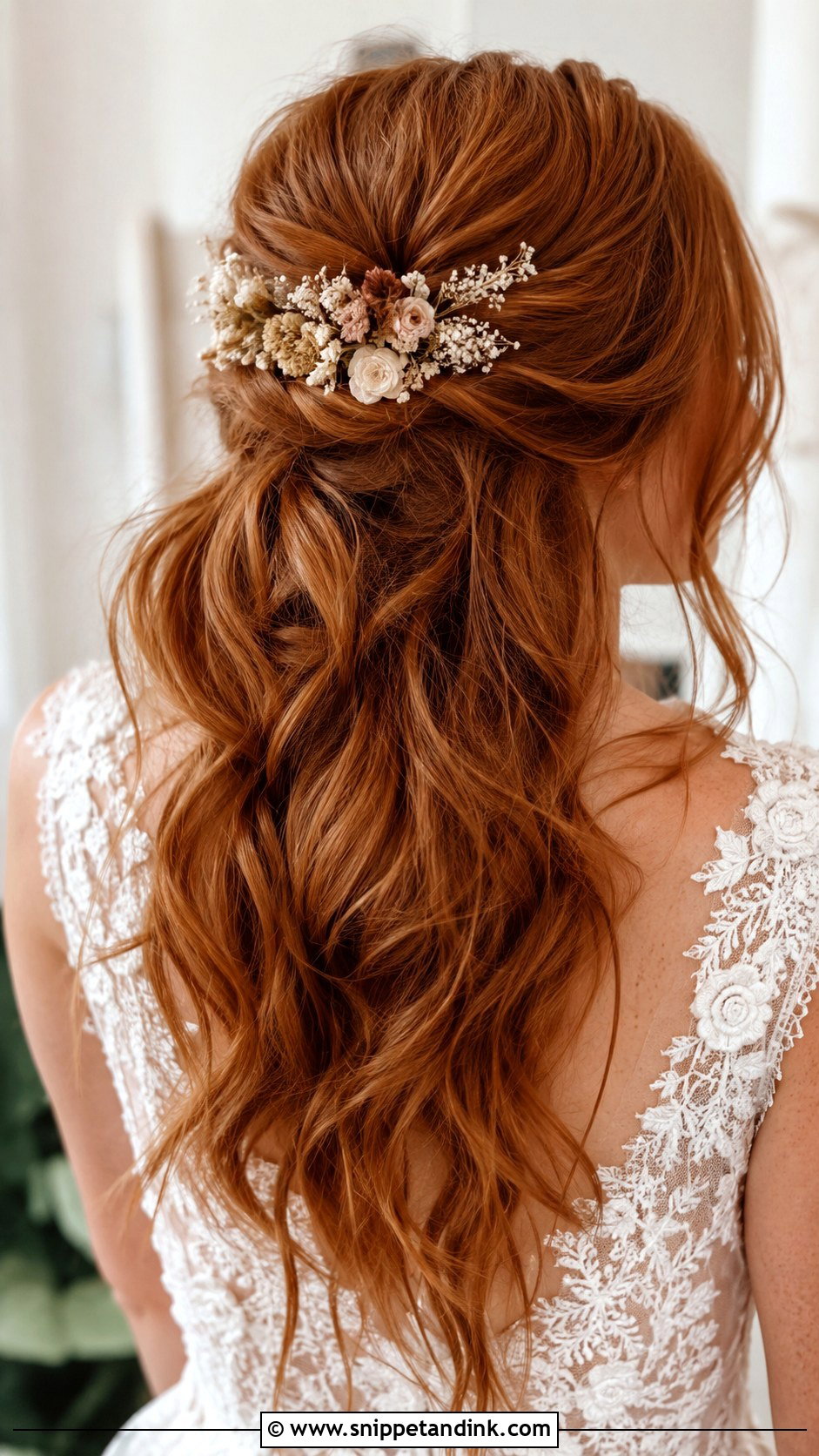 Half Up Half Down Wedding Hair With Dried Flowers - Snippet and Ink - 15 Half-Up Half-Down Wedding Hairstyles with Flowers