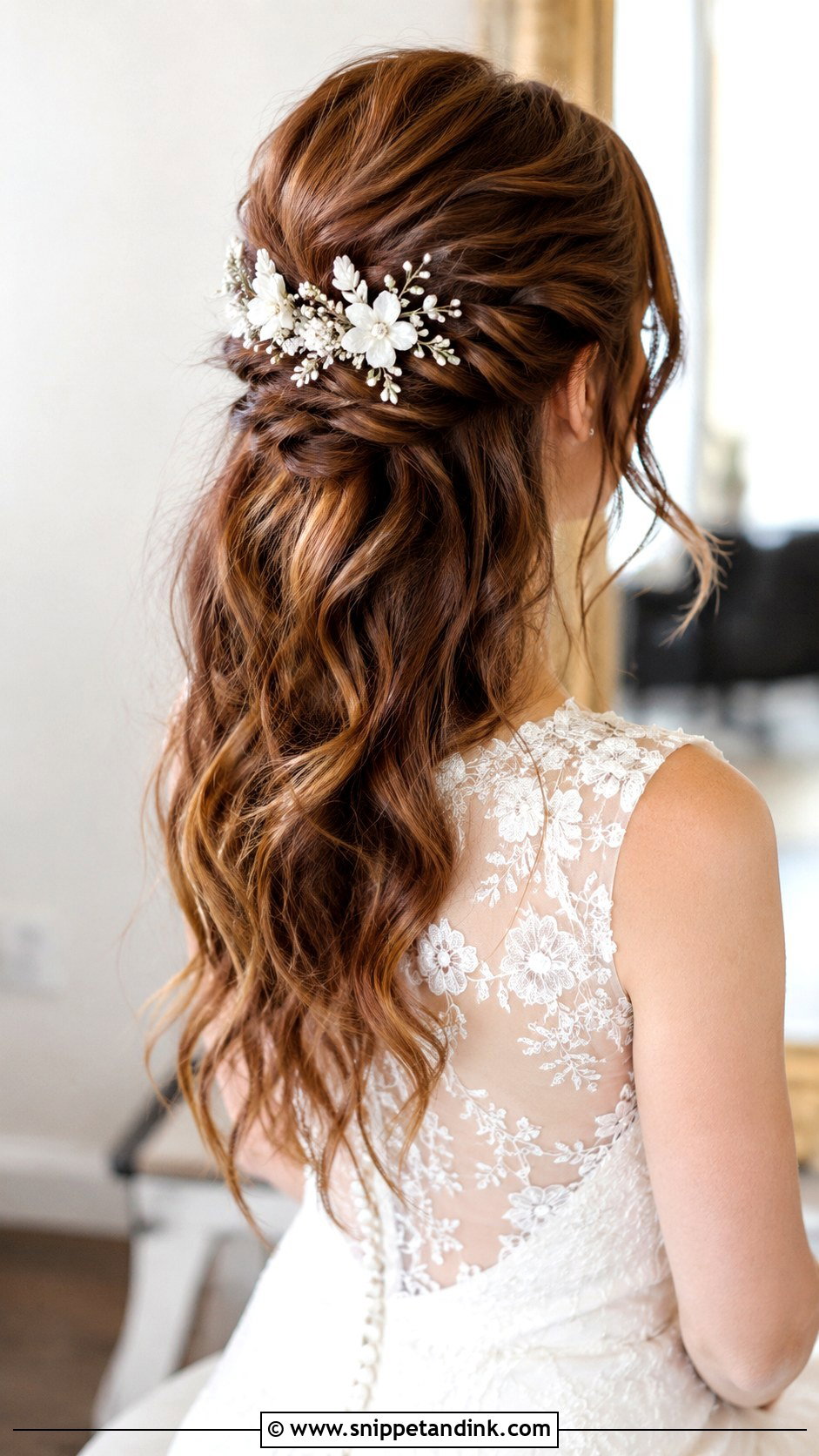 Half Up Half Down Wedding Hair With Floral Clip - Snippet and Ink - 20 Half-Up Half-Down Wedding Hair with Clip Ideas