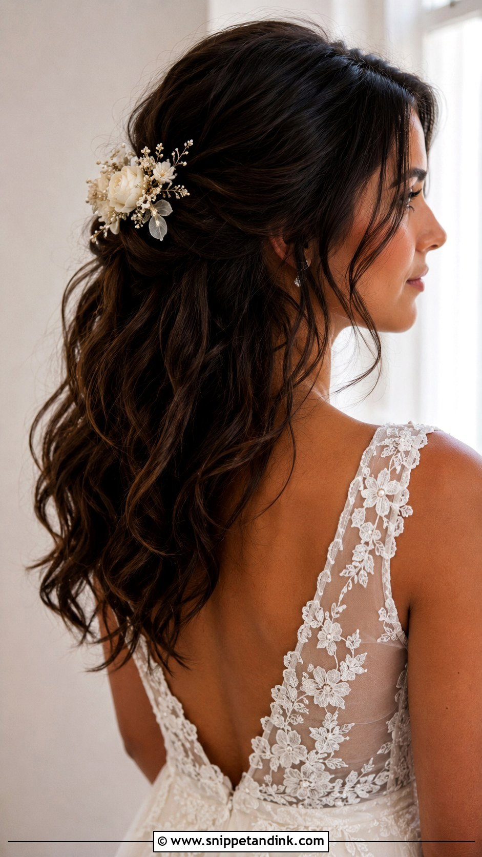 Half Up Half Down Wedding Hair With Flower Clip - Snippet and Ink - 15 Mid Length Half-Up Half-Down Wedding Ideas