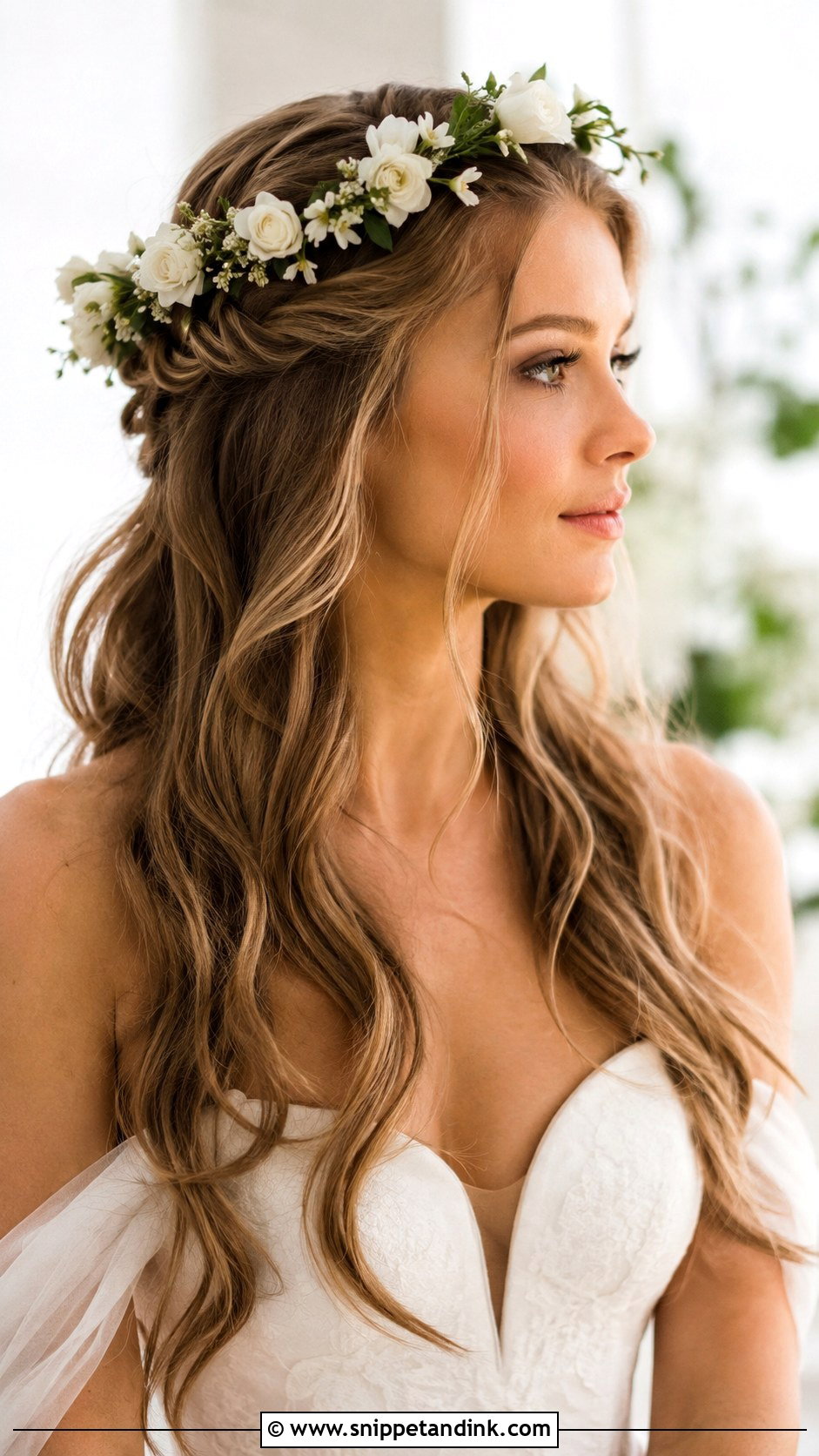 Half Up Half Down Wedding Hair With Flower Crown - Snippet and Ink - 15 Half-Up Half-Down Wedding Hairstyles with Flowers