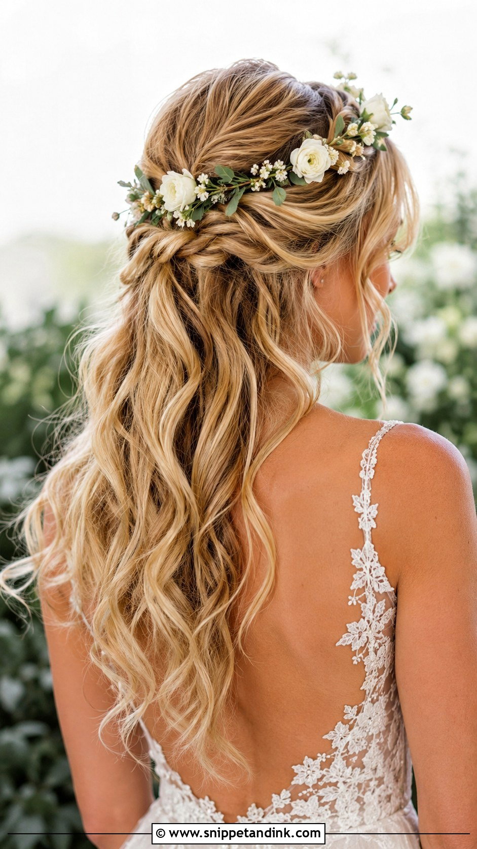 Half Up Half Down Wedding Hair With Flower Crown - Snippet and Ink - 15 Half-Up Half-Down Wedding Hair with Crown Ideas