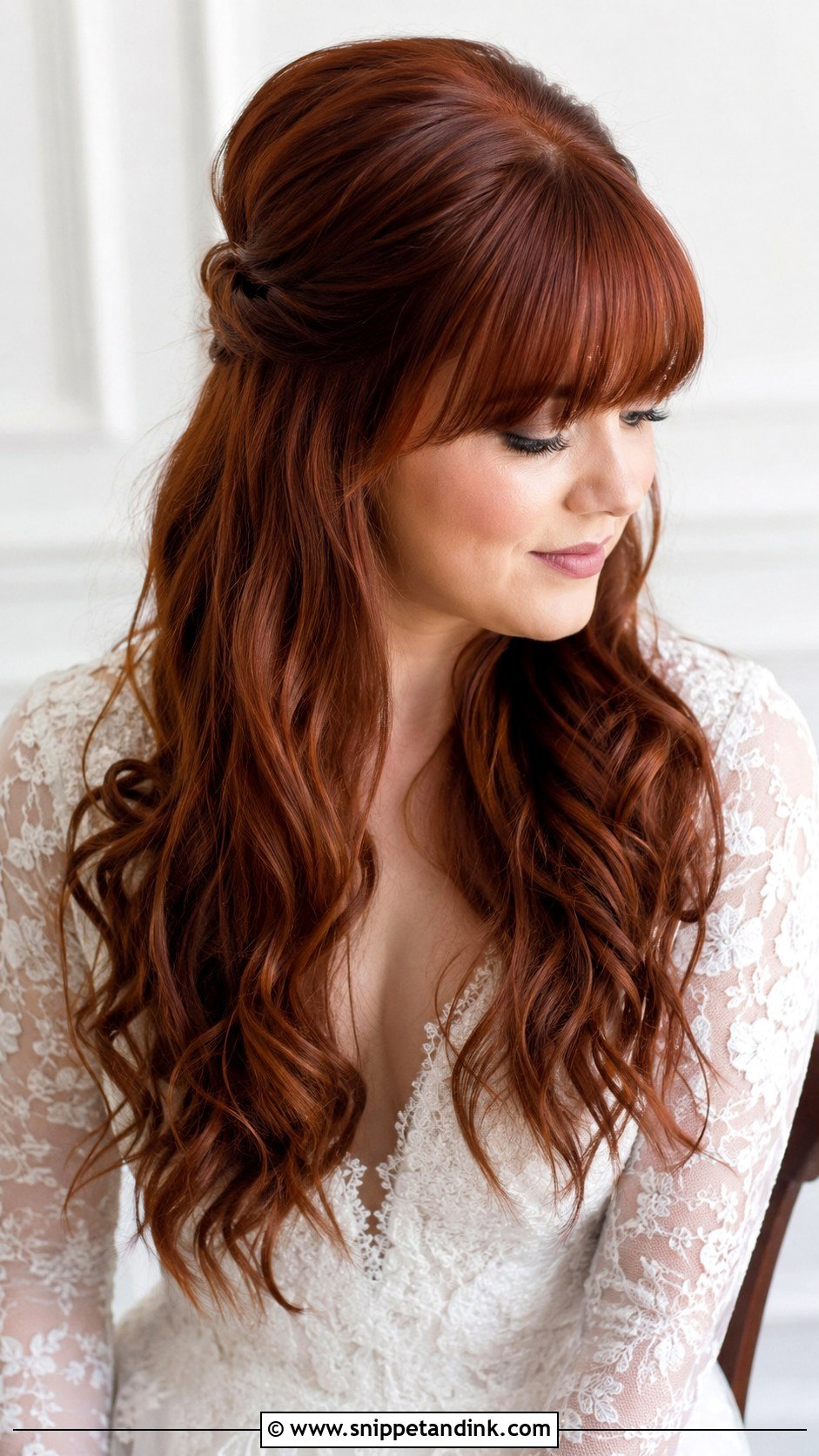 Half Up Half Down Wedding Hair With Full Bangs - Snippet and Ink - 15 Half-Up Half-Down Wedding Hairstyles with Bangs