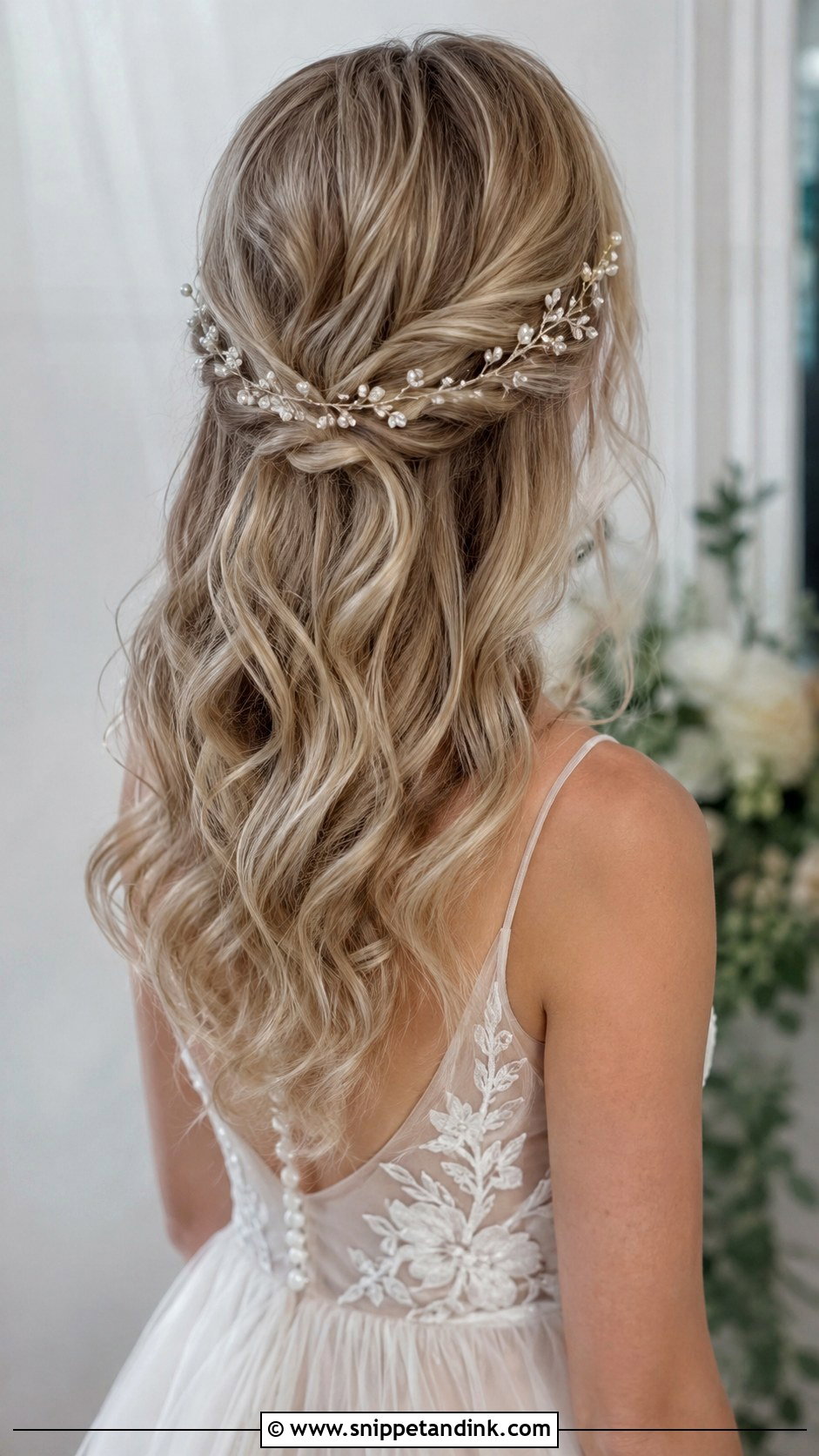 Half Up Half Down Wedding Hair With Hair Vine - Snippet and Ink - 15 Mid Length Half-Up Half-Down Wedding Ideas