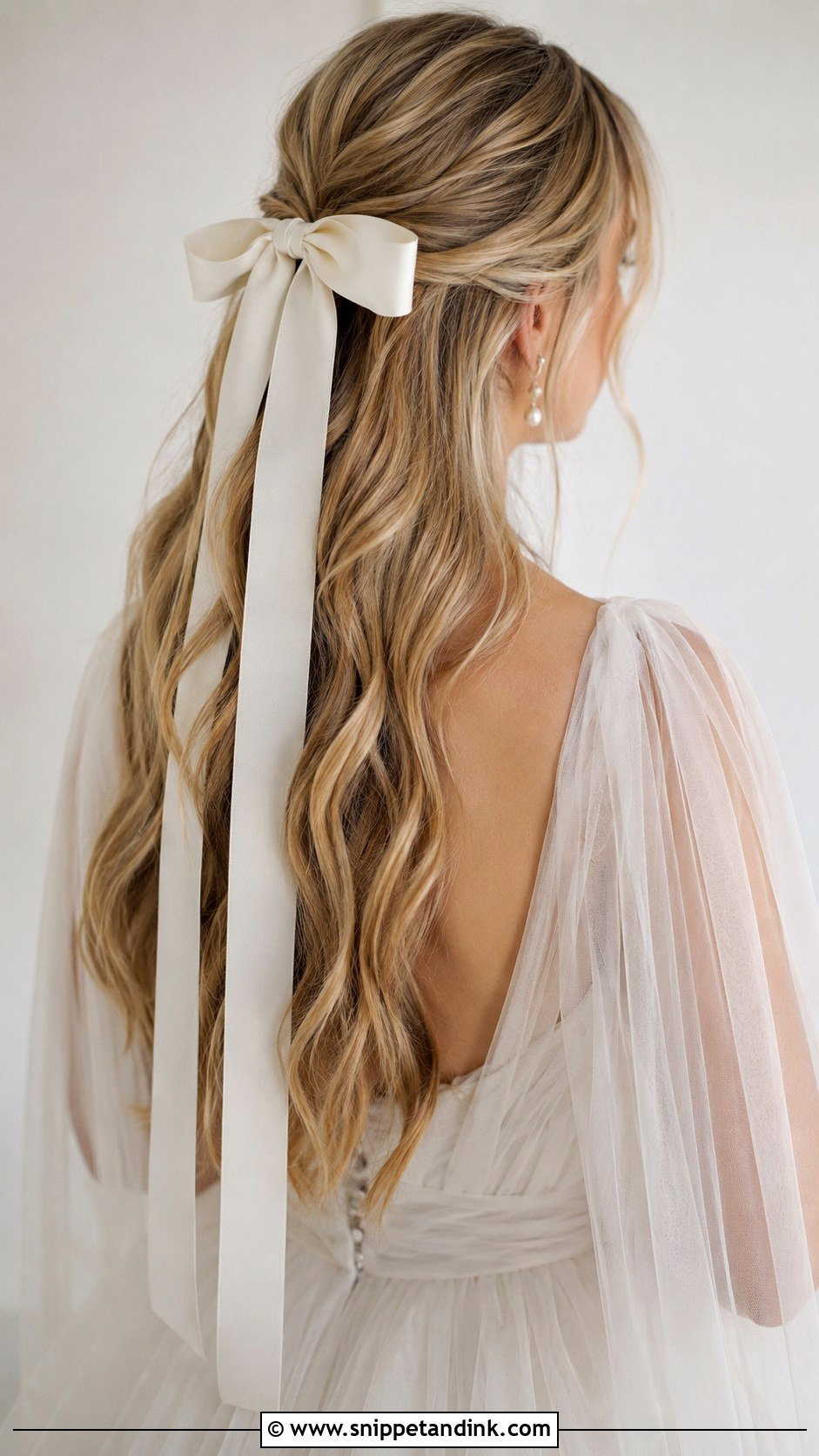Half Up Half Down Wedding Hair With Long Ribbon Bow - Snippet and Ink - 20 Half-Up Half-Down Wedding Hair Bow Ideas