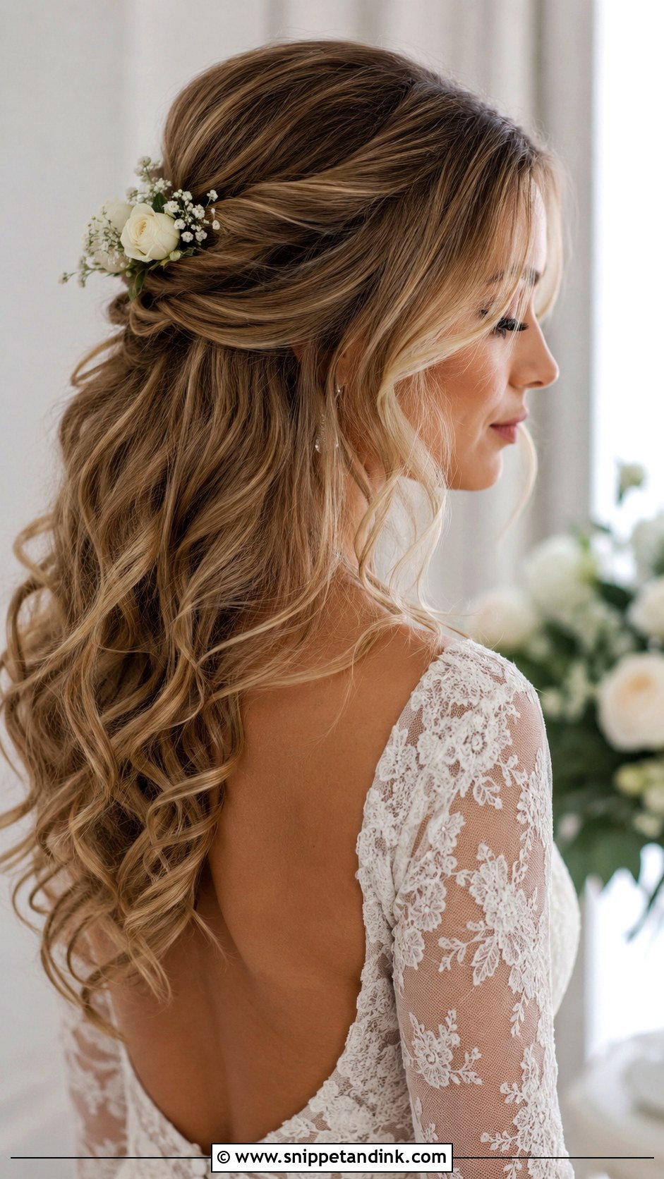 Half Up Half Down Wedding Hair With Loose Curls And Flowers - Snippet and Ink - 20 Half-Up Half-Down Wedding Hair with Flowers