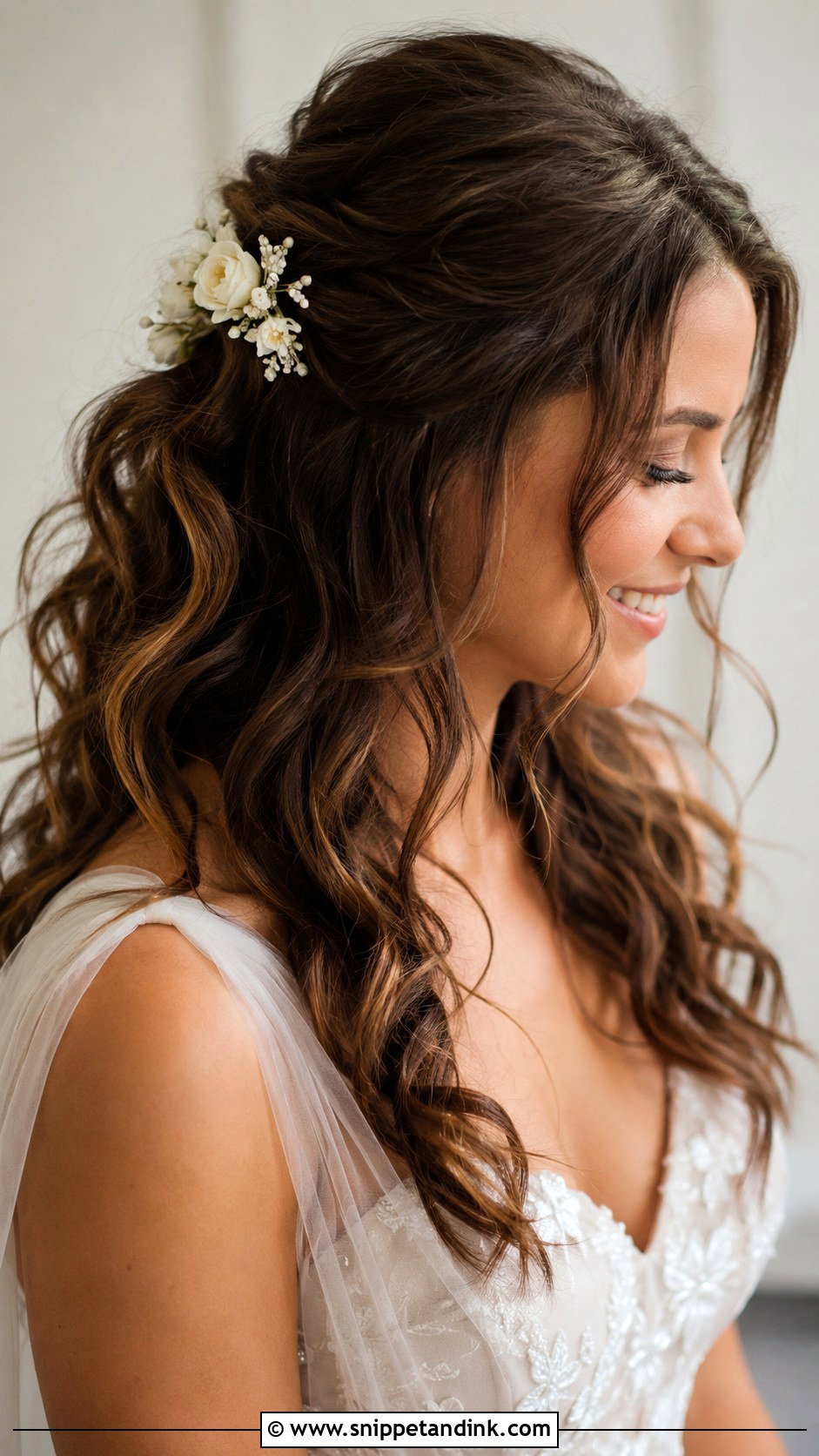 Half Up Half Down Wedding Hair With Loose Curls And Flowers - Snippet and Ink - 15 Half-Up Half-Down Wedding Hairstyles with Flowers