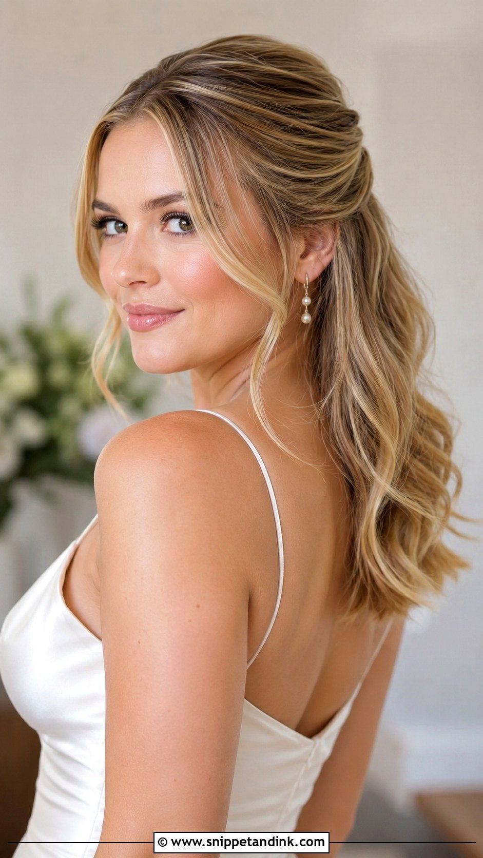 Half Up Half Down Wedding Hair With Loose Waves - Snippet and Ink - 15 Mid Length Half-Up Half-Down Wedding Ideas