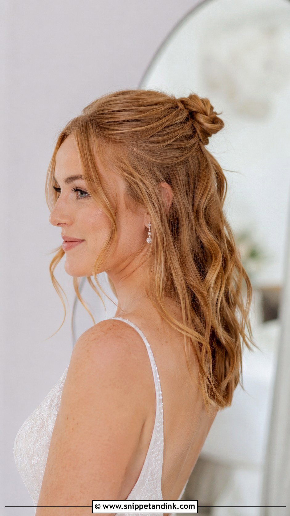 Half Up Half Down Wedding Hair With Mini Bun - Snippet and Ink - 15 Mid Length Half-Up Half-Down Wedding Ideas