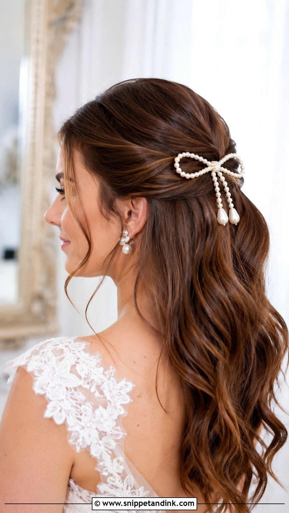 Half Up Half Down Wedding Hair With Pearl Bow - Snippet and Ink - 20 Half-Up Half-Down Wedding Hair Bow Ideas