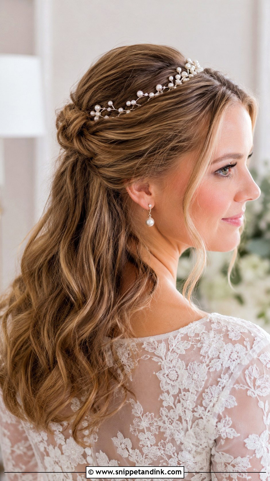 Half Up Half Down Wedding Hair With Pearl Crown - Snippet and Ink - 15 Half-Up Half-Down Wedding Hair with Crown Ideas