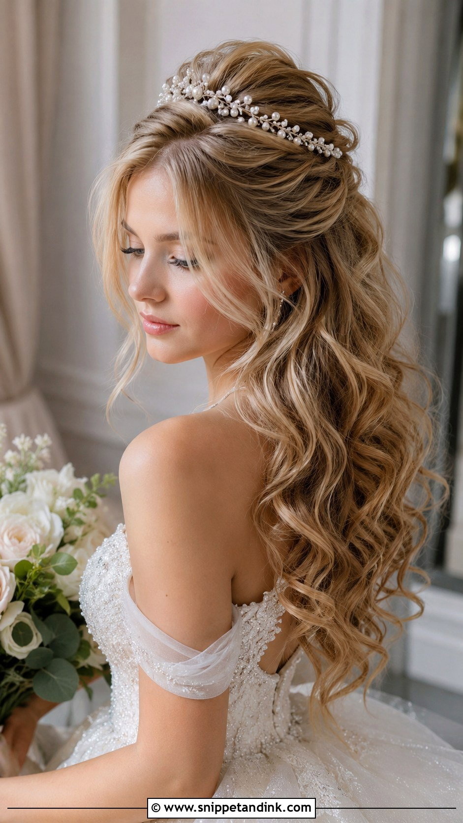 Half Up Half Down Wedding Hair With Pearl Crown - Snippet and Ink - 15 Half-Up Half-Down Wedding Hair Pearls