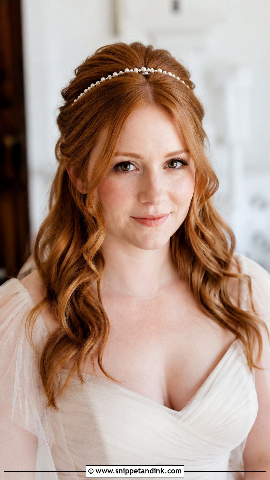 Half Up Half Down Wedding Hair With Pearl Headband - Snippet and Ink - 15 Half-Up Half-Down Wedding Hair Pearls
