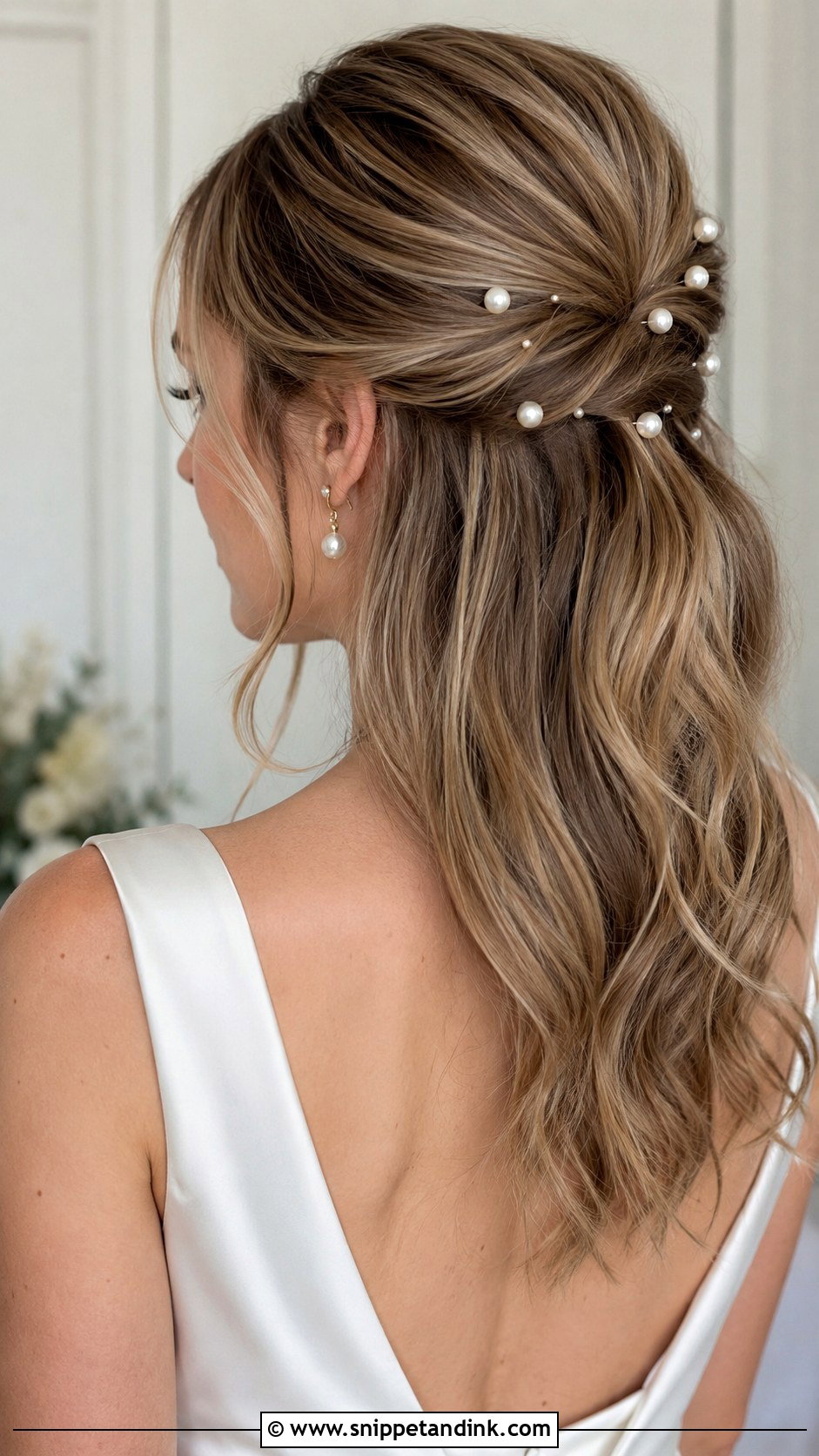 Half Up Half Down Wedding Hair With Pearl Pins - Snippet and Ink - 15 Mid Length Half-Up Half-Down Wedding Ideas
