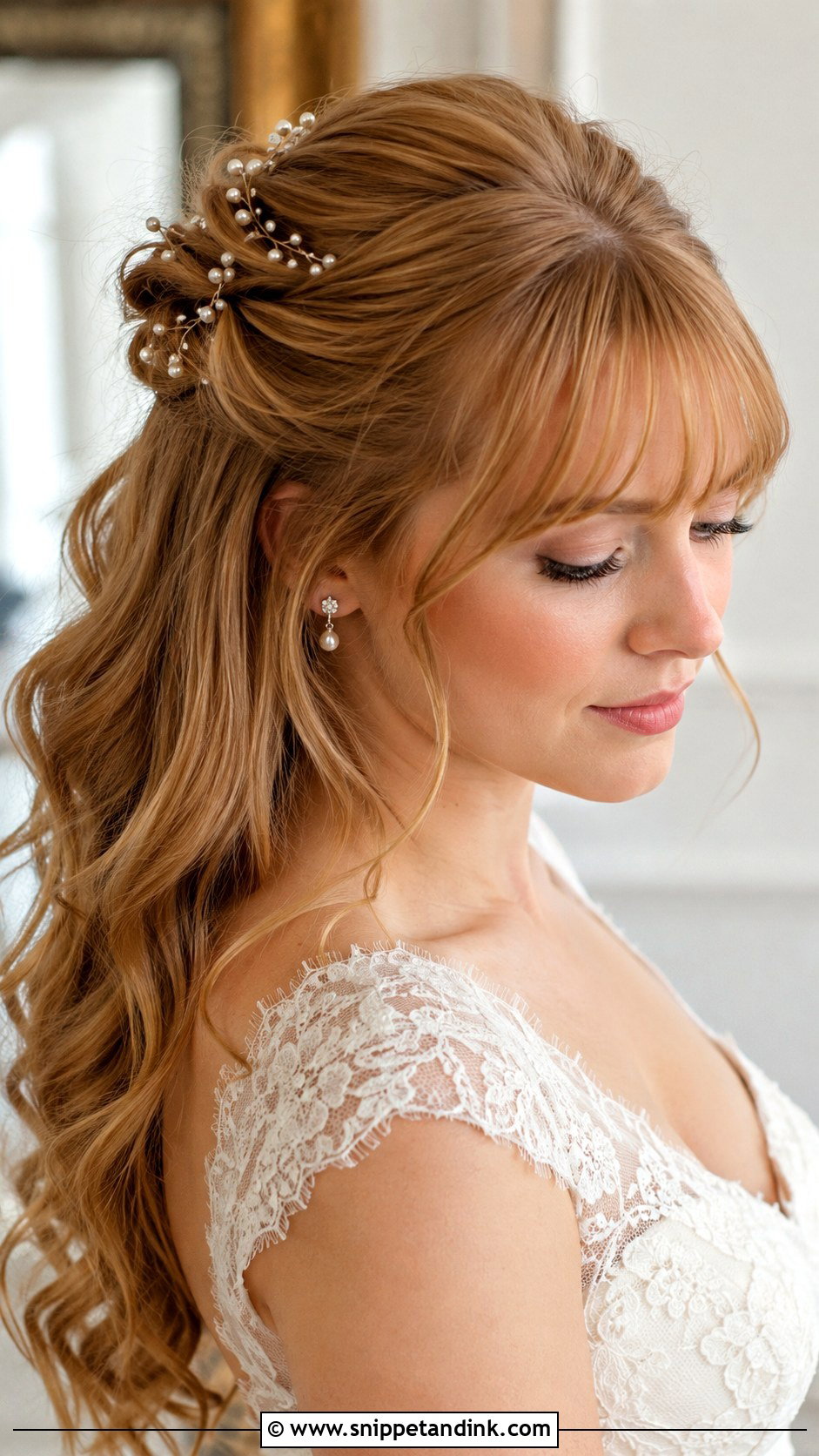 Half Up Half Down Wedding Hair With Pearl Pins And Bangs - Snippet and Ink - 15 Half-Up Half-Down Wedding Hairstyles with Bangs