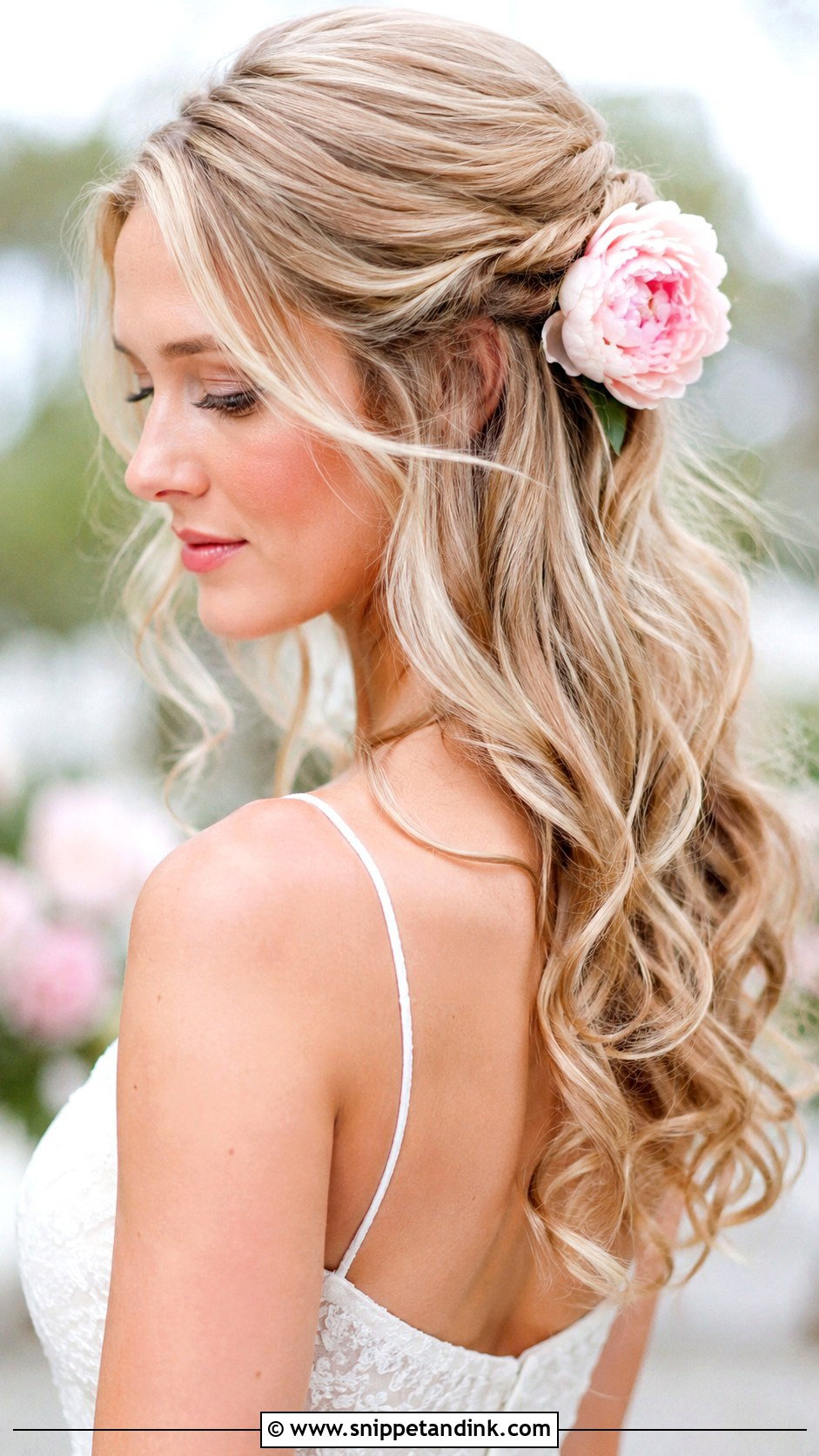 Half Up Half Down Wedding Hair With Peonies - Snippet and Ink - 15 Half-Up Half-Down Wedding Hairstyles with Flowers