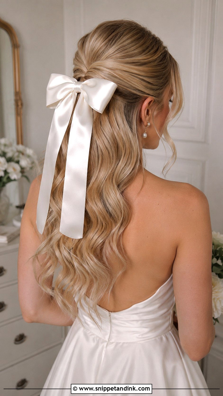 Half Up Half Down Wedding Hair With Satin Bow - Snippet and Ink - 20 Half-Up Half-Down Wedding Hair Bow Ideas