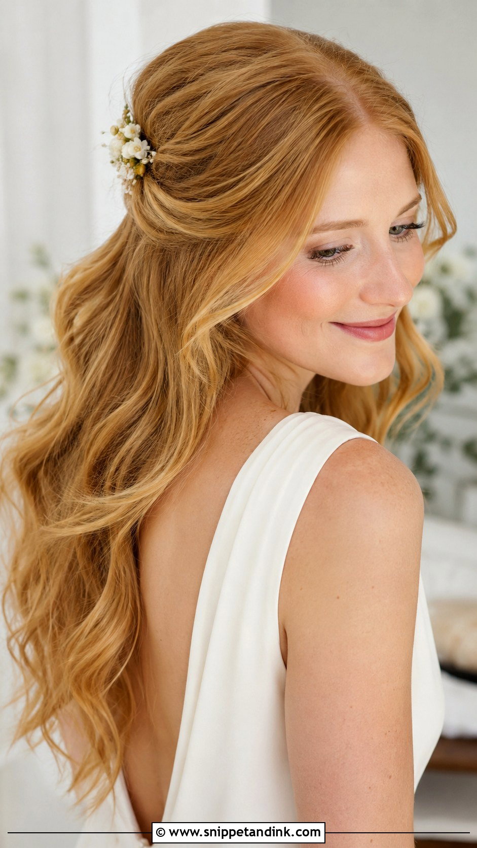 Half Up Half Down Wedding Hair With Soft Waves And Flowers - Snippet and Ink - 15 Half-Up Half-Down Wedding Hairstyles with Flowers