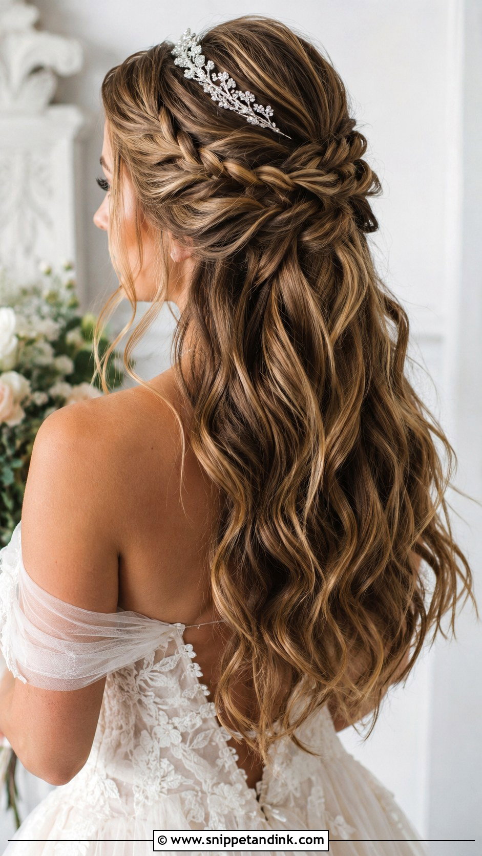 Half Up Half Down Wedding Hair With Tiara And Braided Crown - Snippet and Ink - 15 Half-Up Half-Down Wedding Hair with Tiara Ideas