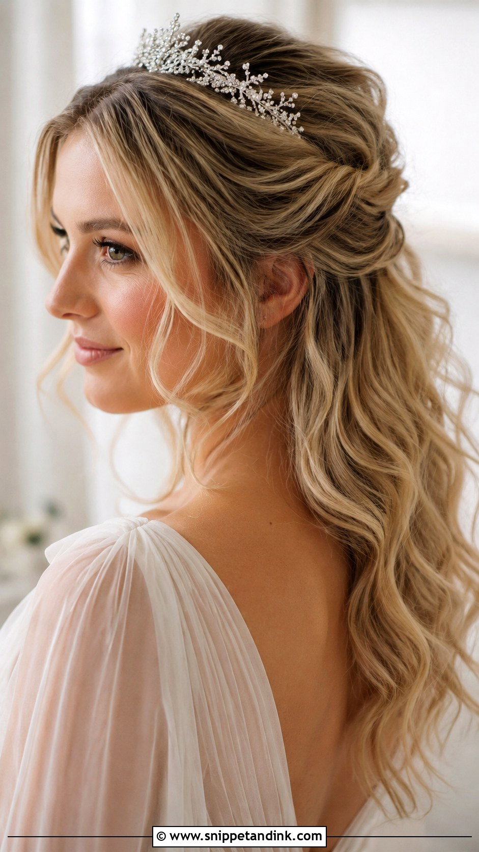 Half Up Half Down Wedding Hair With Tiara And Face Framing Pieces - Snippet and Ink - 15 Half-Up Half-Down Wedding Hair with Tiara Ideas