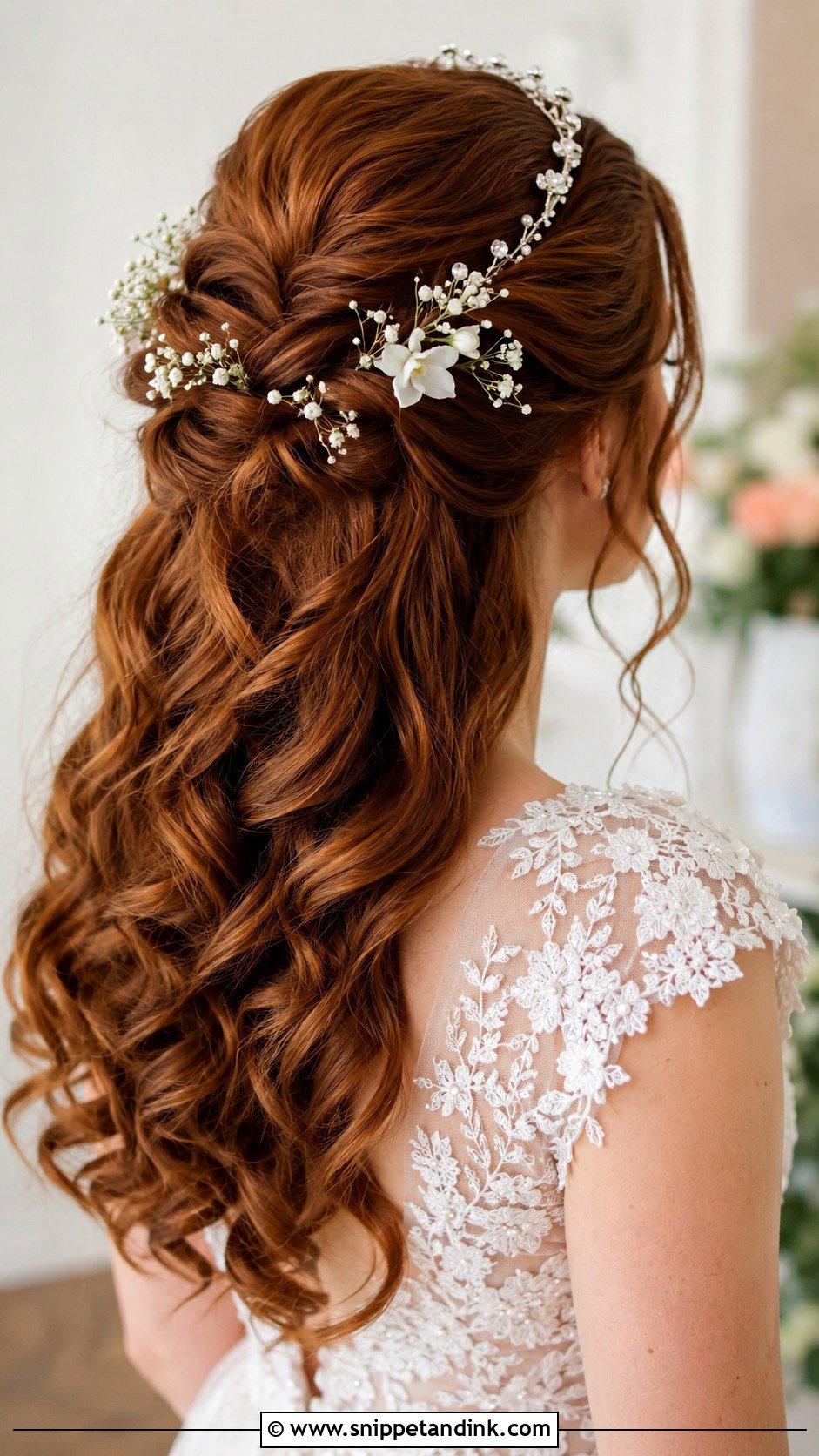 Half Up Half Down Wedding Hair With Tiara And Floral Detail - Snippet and Ink - 15 Half-Up Half-Down Wedding Hair with Tiara Ideas