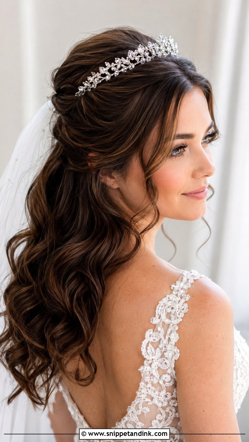 Half Up Half Down Wedding Hair With Tiara And Loose Curls - Snippet and Ink - 15 Half-Up Half-Down Wedding Hair with Tiara Ideas
