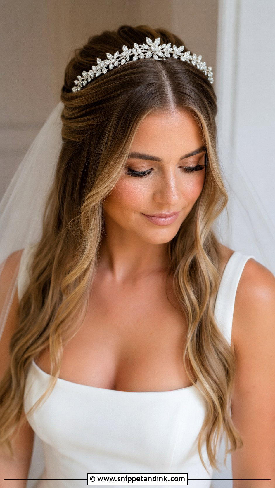 Half Up Half Down Wedding Hair With Tiara And Middle Part - Snippet and Ink - 15 Half-Up Half-Down Wedding Hair with Tiara Ideas