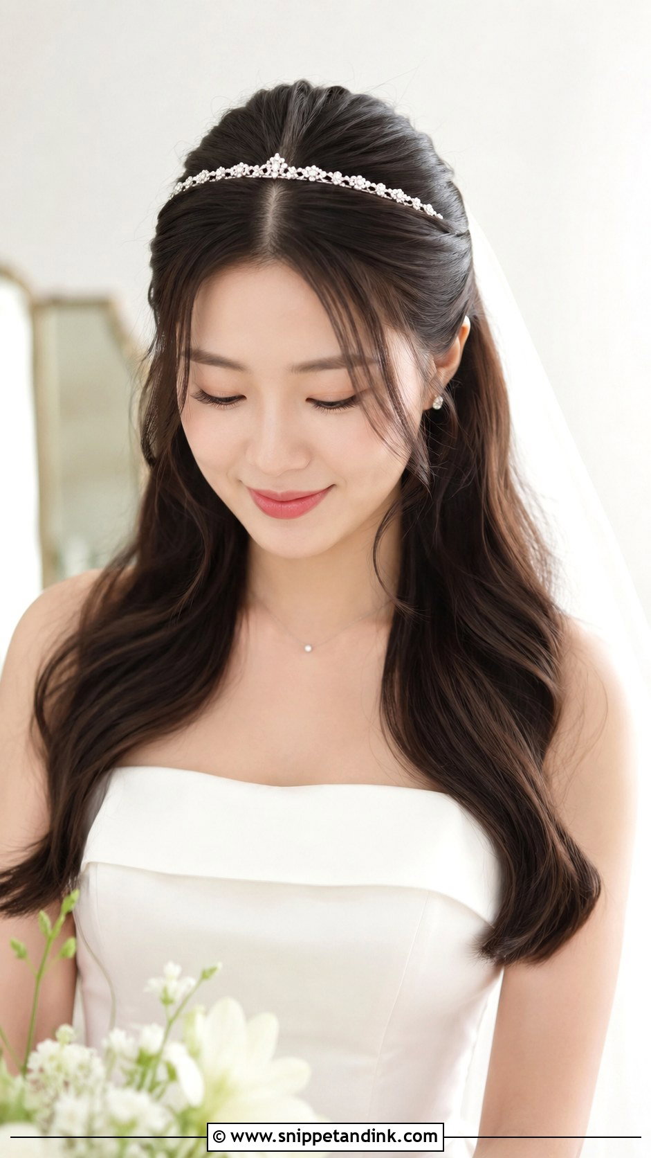 Half Up Half Down Wedding Hair With Tiara And Middle Part - Snippet and Ink - 15 Half-Up Half-Down Wedding Hair with a Tiara Ideas