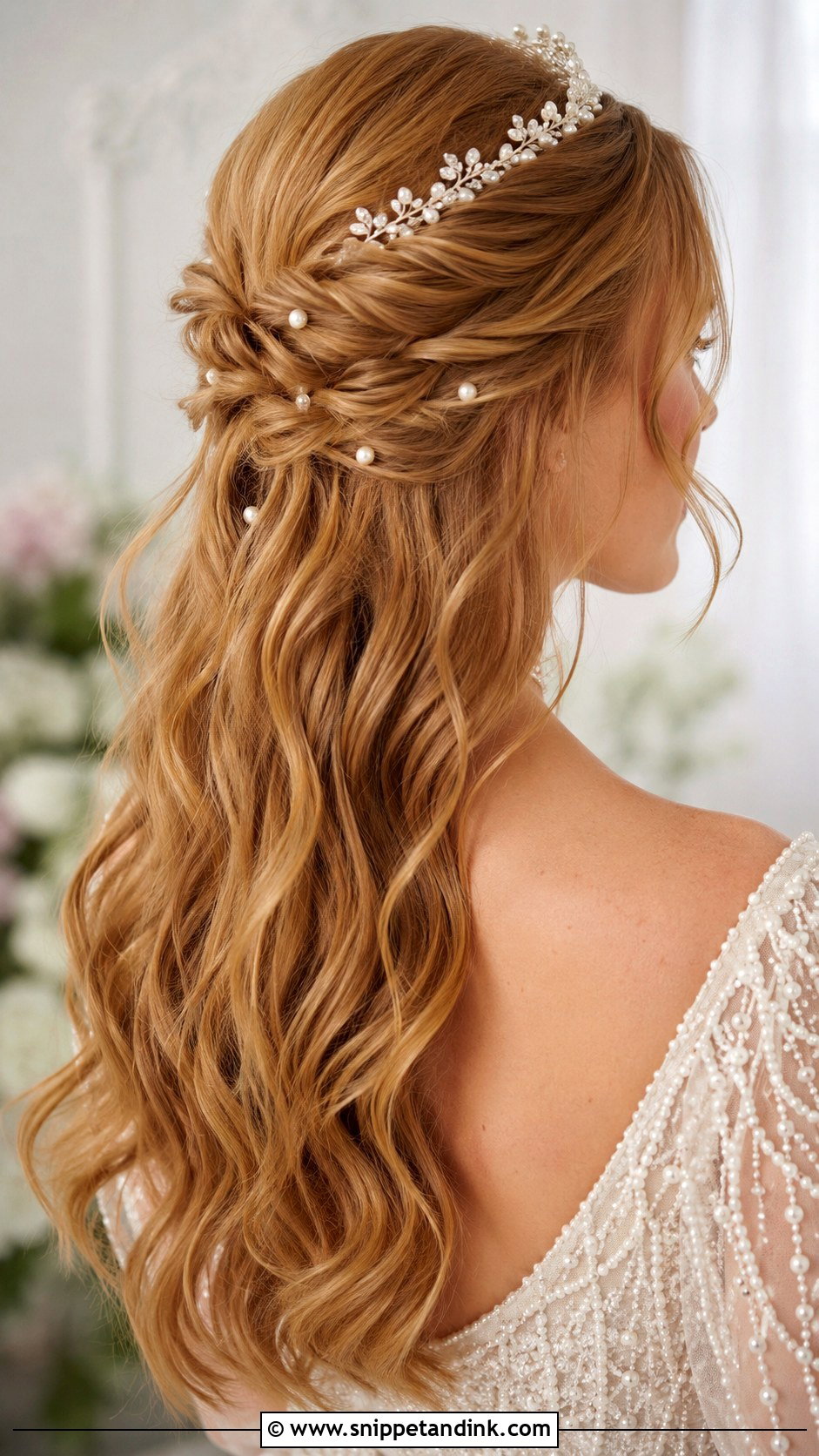 Half Up Half Down Wedding Hair With Tiara And Pearl Pins - Snippet and Ink - 15 Half-Up Half-Down Wedding Hair with Tiara Ideas
