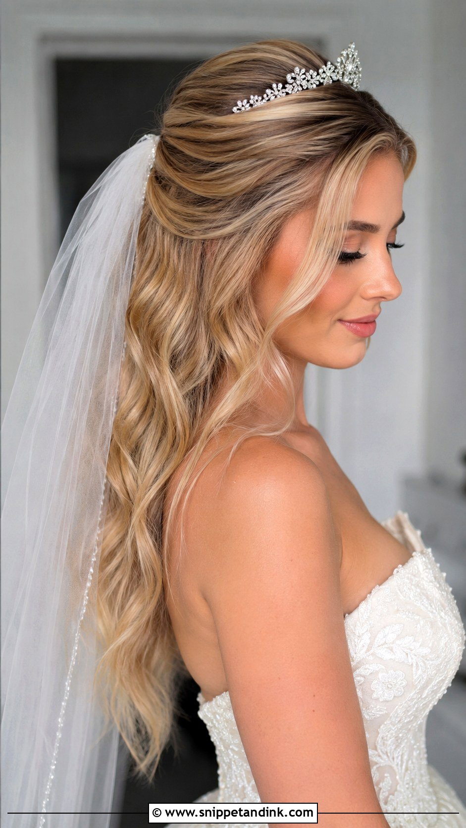 Half Up Half Down Wedding Hair With Tiara And Veil - Snippet and Ink - 15 Half-Up Half-Down Wedding Hair with Tiara Ideas