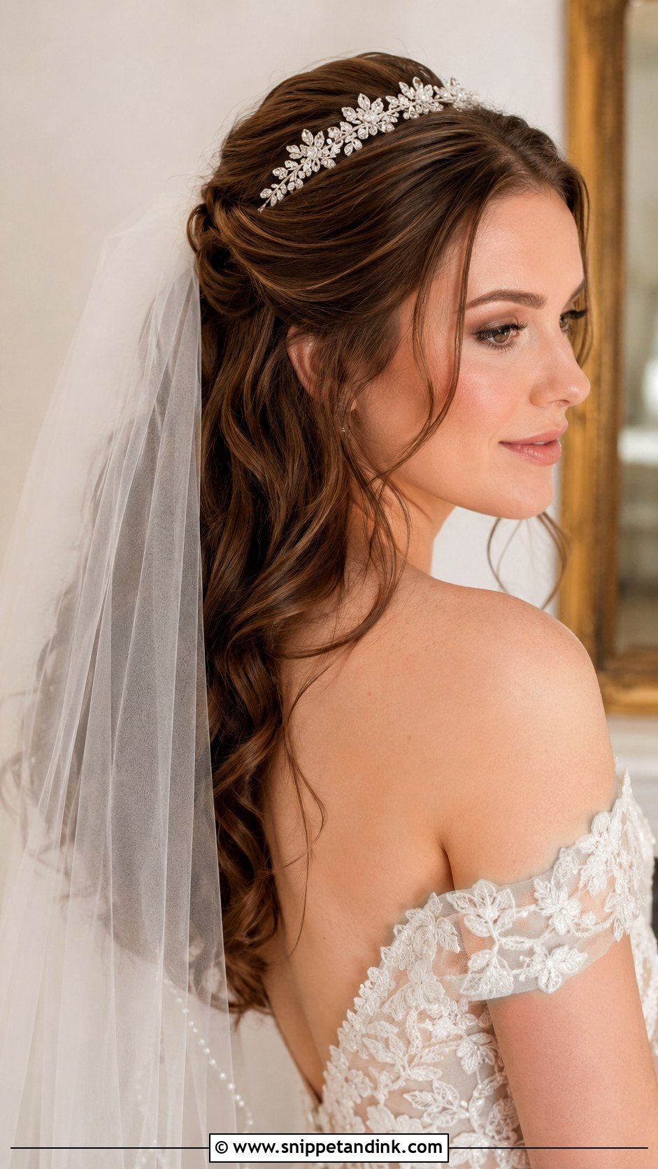 Half Up Half Down Wedding Hair With Tiara And Veil - Snippet and Ink - 15 Half-Up Half-Down Wedding Hair with a Tiara Ideas