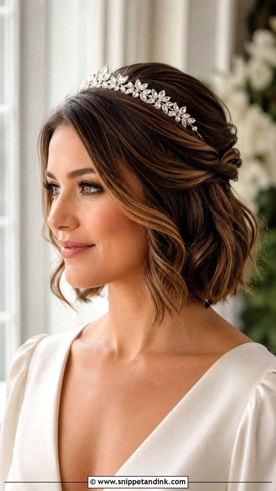 Half Up Half Down Wedding Hair With Tiara For Short Hair - Snippet and Ink - 15 Half-Up Half-Down Wedding Hair with a Tiara Ideas