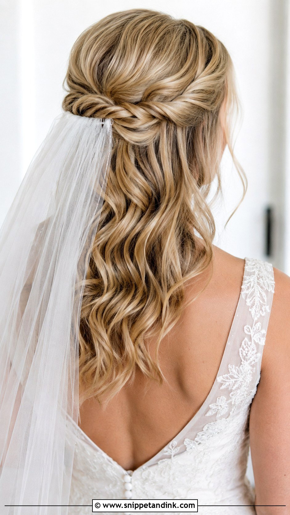 Half Up Half Down Wedding Hair With Veil - Snippet and Ink - 15 Mid Length Half-Up Half-Down Wedding Ideas