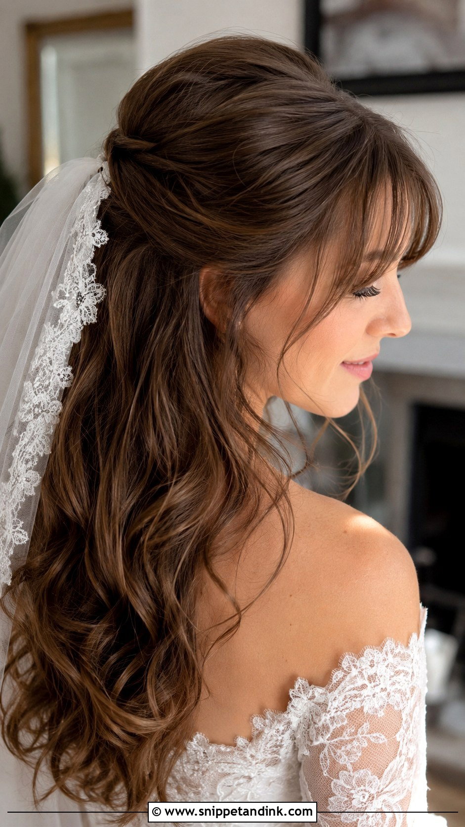 Half Up Half Down Wedding Hair With Veil And Bangs - Snippet and Ink - 15 Half-Up Half-Down Wedding Hairstyles with Bangs