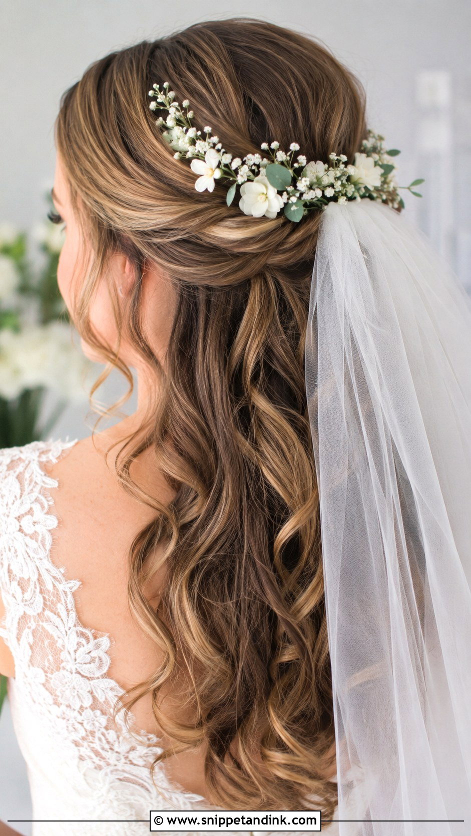 Half Up Half Down Wedding Hair With Veil And Flowers - Snippet and Ink - 20 Half-Up Half-Down Wedding Hair with Flowers