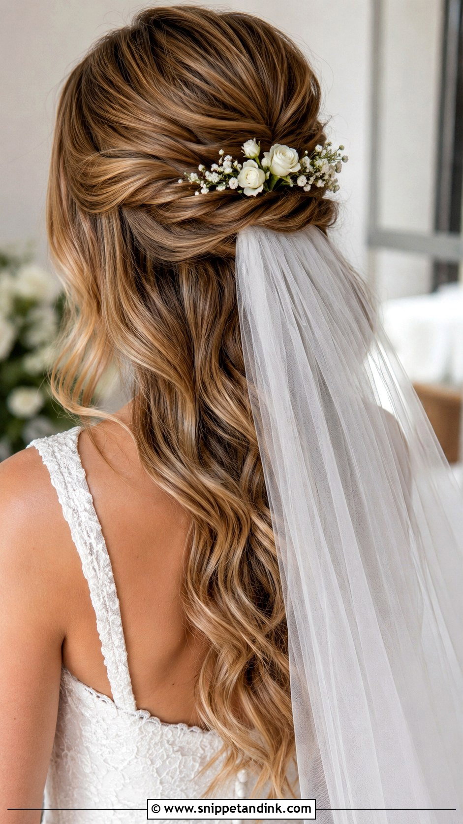 Half Up Half Down Wedding Hair With Veil And Flowers - Snippet and Ink - 15 Half-Up Half-Down Wedding Hairstyles with Flowers