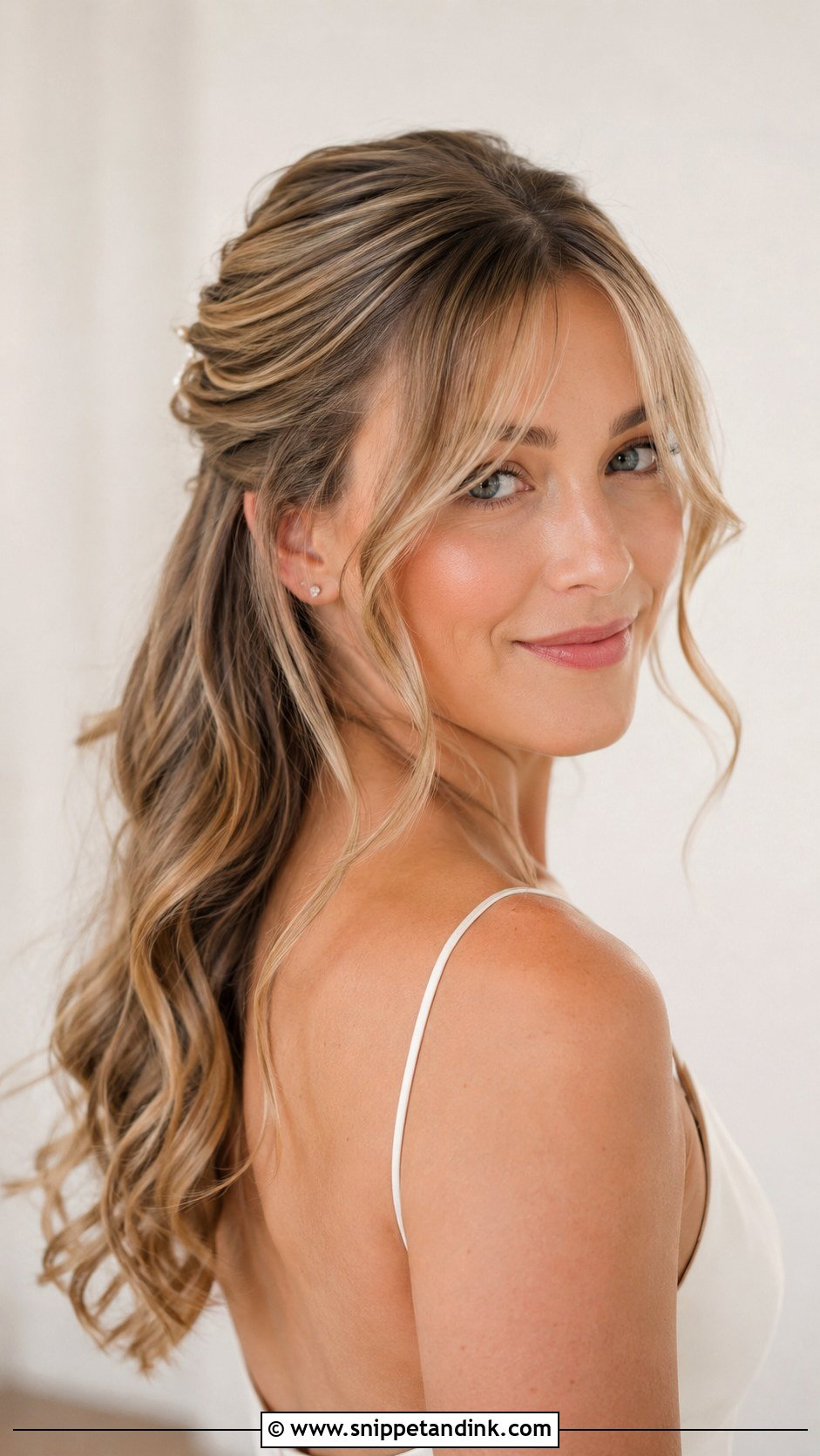 Half Up Half Down Wedding Hair With Waves And Bangs - Snippet and Ink - 15 Half-Up Half-Down Wedding Hairstyles with Bangs