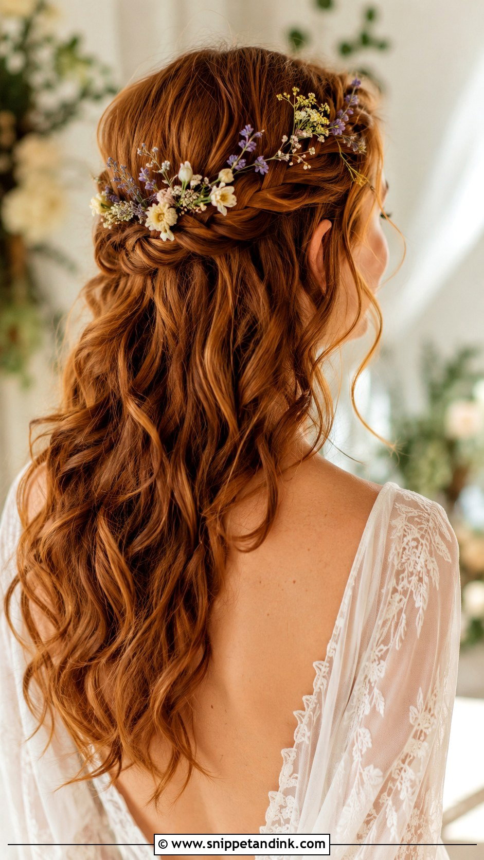 Half Up Half Down Wedding Hair With Wildflowers - Snippet and Ink - 15 Half-Up Half-Down Wedding Hairstyles with Flowers