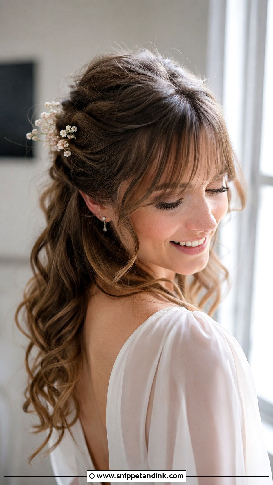 Half Up Half Down Wedding Hair With Wispy Bangs - Snippet and Ink - 15 Half-Up Half-Down Wedding Hairstyles with Bangs
