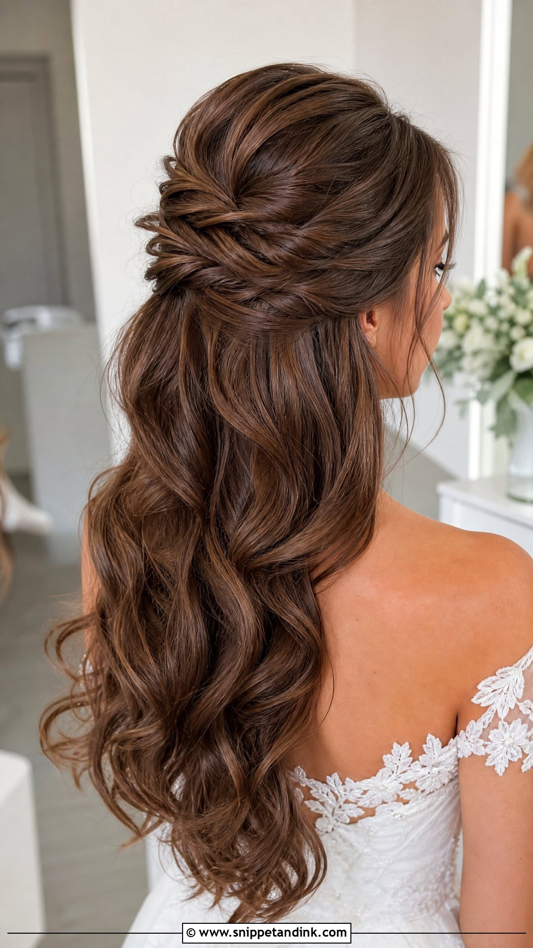 Half Up Half Down Wedding Hairstyle For Long Hair - Snippet and Ink - 20 Wedding Hairstyles for Long Hair Off Shoulder Dress