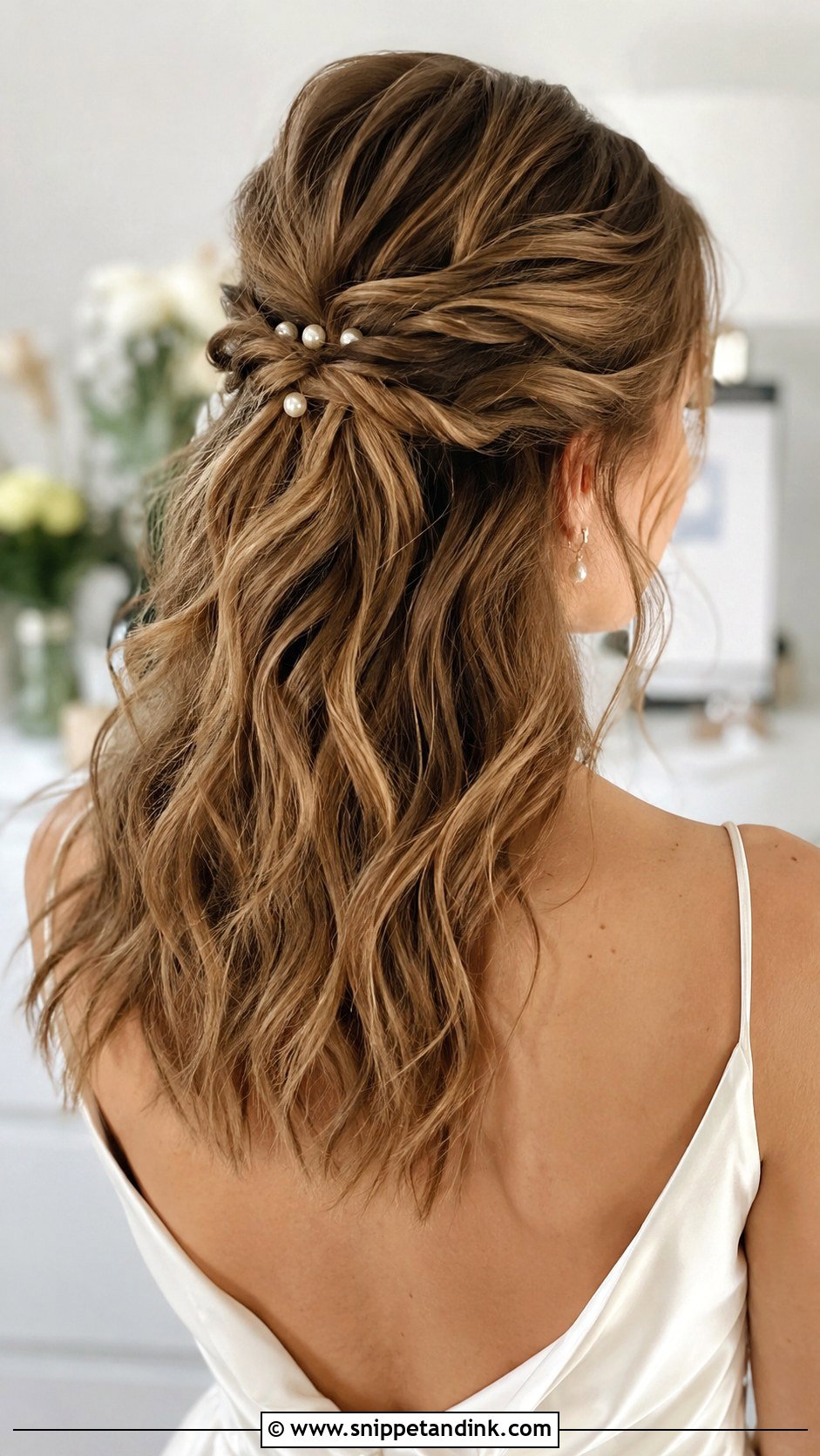 Half Up Half Down Wedding Hairstyle for Medium Hair - Snippet and Ink - 20 Medium Length Wedding Hair Down Ideas