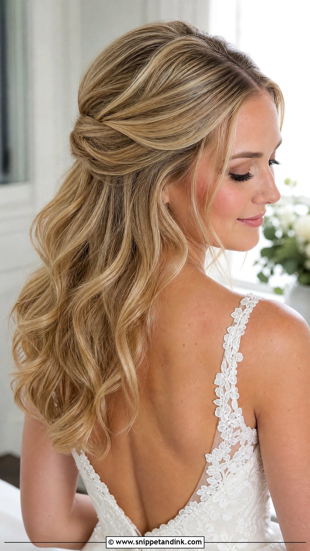 Half Up Half Down Wedding Hairstyle for Medium Hair - Snippet and Ink - 20 Shoulder Length Hair Wedding Styles