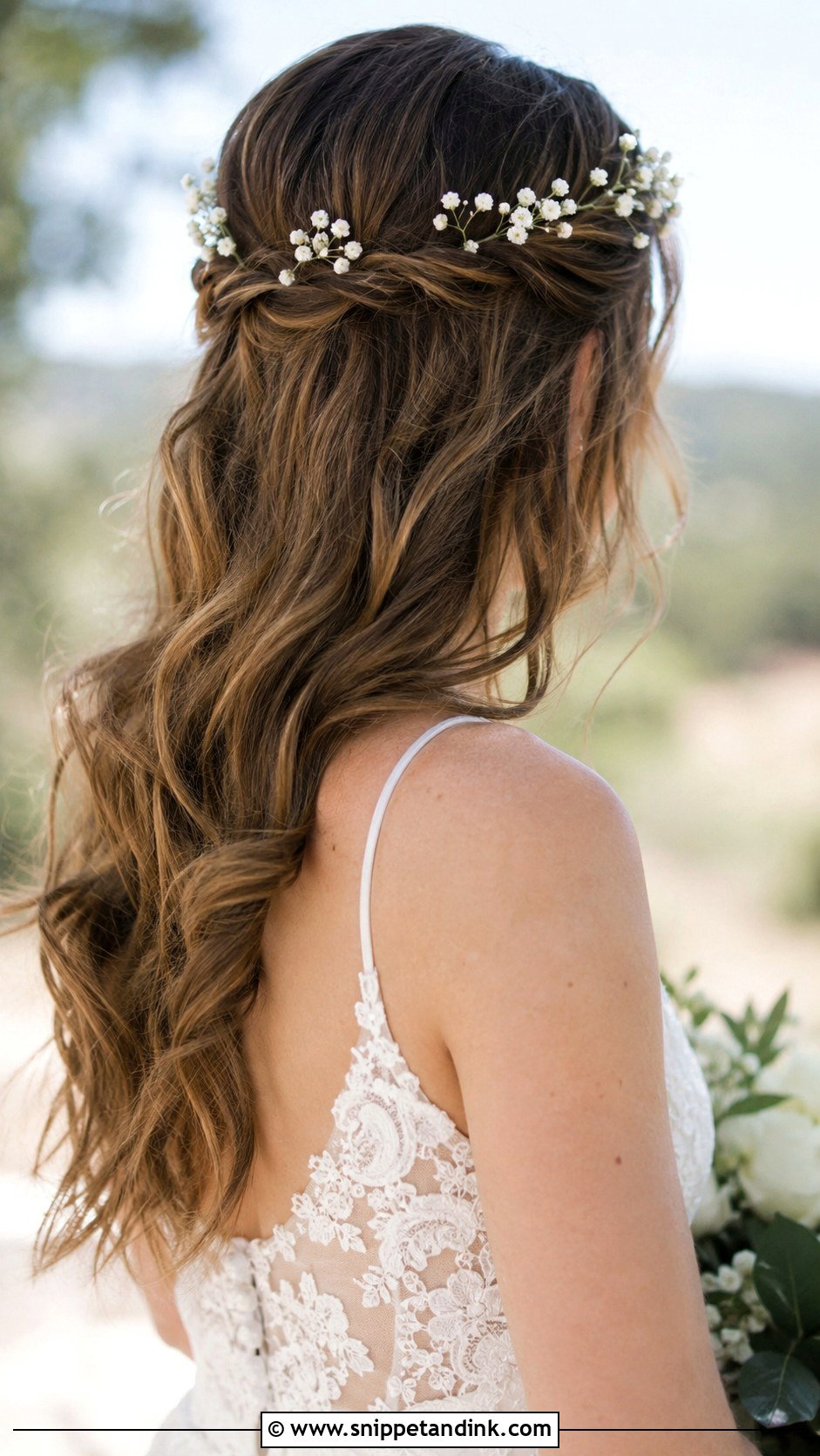Half Up Half Down With Babys Breath - Snippet and Ink - 20 Bride Hairstyles with Flowers
