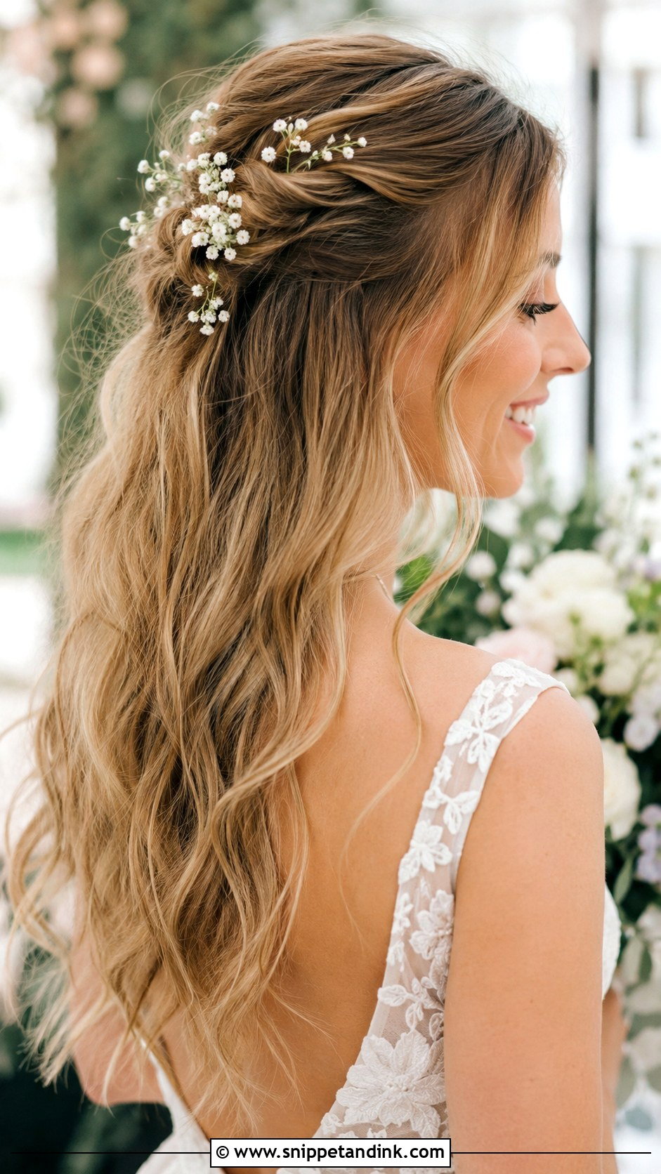 Half Up Half Down With Babys Breath - Snippet and Ink - 25 Elegant Half-Up Half-Down Wedding Hairstyles