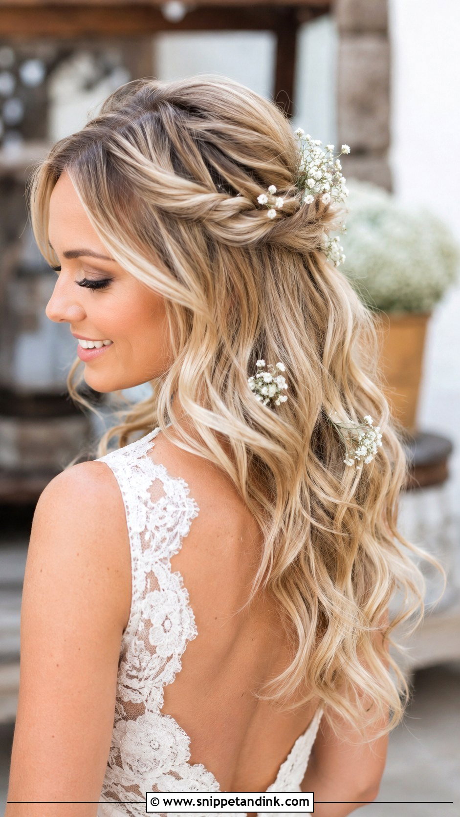 Half Up Half Down With Babys Breath - Snippet and Ink - 25 Wedding Hairstyles with Flowers