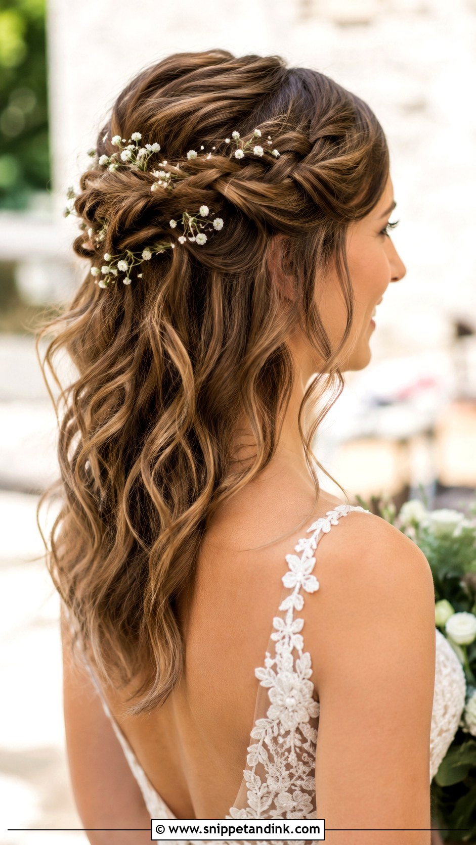Half Up Half Down With Babys Breath - Snippet and Ink - 30 Half Updo Wedding Hair Ideas